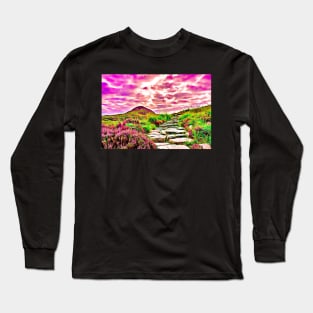 Purple Aesthetic Mountain Landscape Field of Flowers Stone Steps Long Sleeve T-Shirt